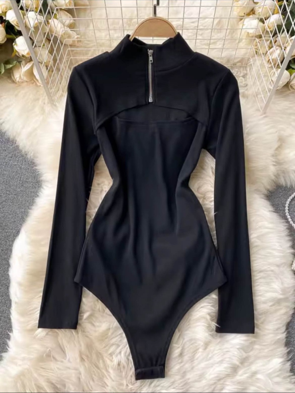 Long-Sleeve Black Zip-Front Bodysuit
